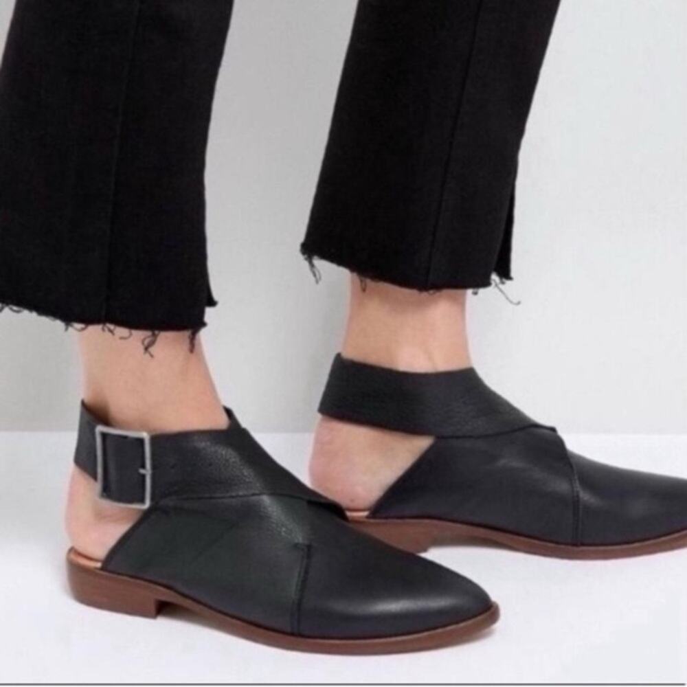 Free People Bryce Black Leather Buckle Ankle Strap Pointed Flats Size 36